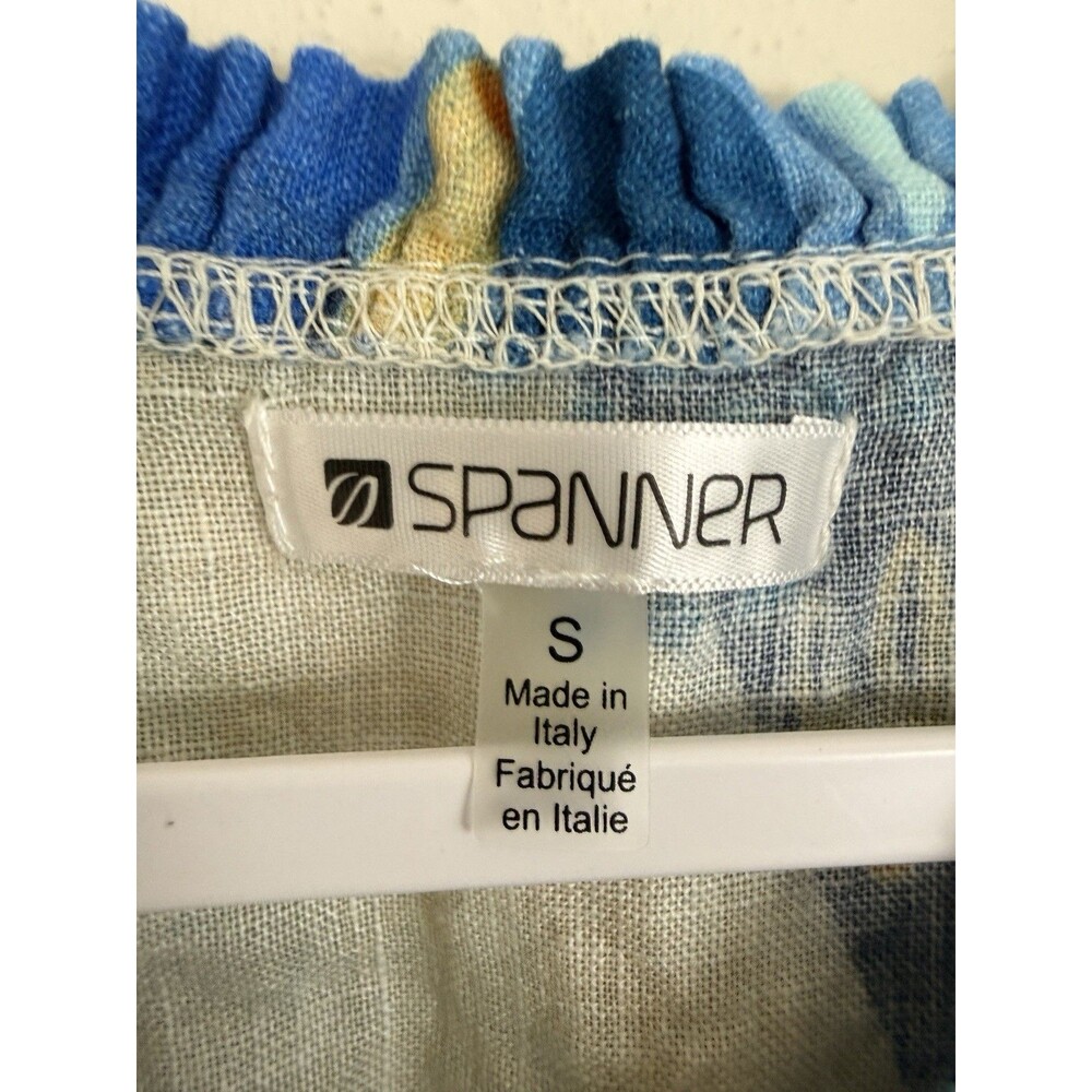 Spanner Linen Top Sz S Lagenlook Made In Italy Blue Print Short Sleeve Ruffles - Picture 3 of 6